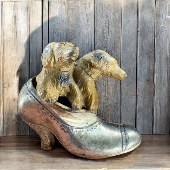 Antique Heavy Metal Shoe Sandal With Dogs Figurine Made In Japan Vintage Decor - Picture 1 of 8